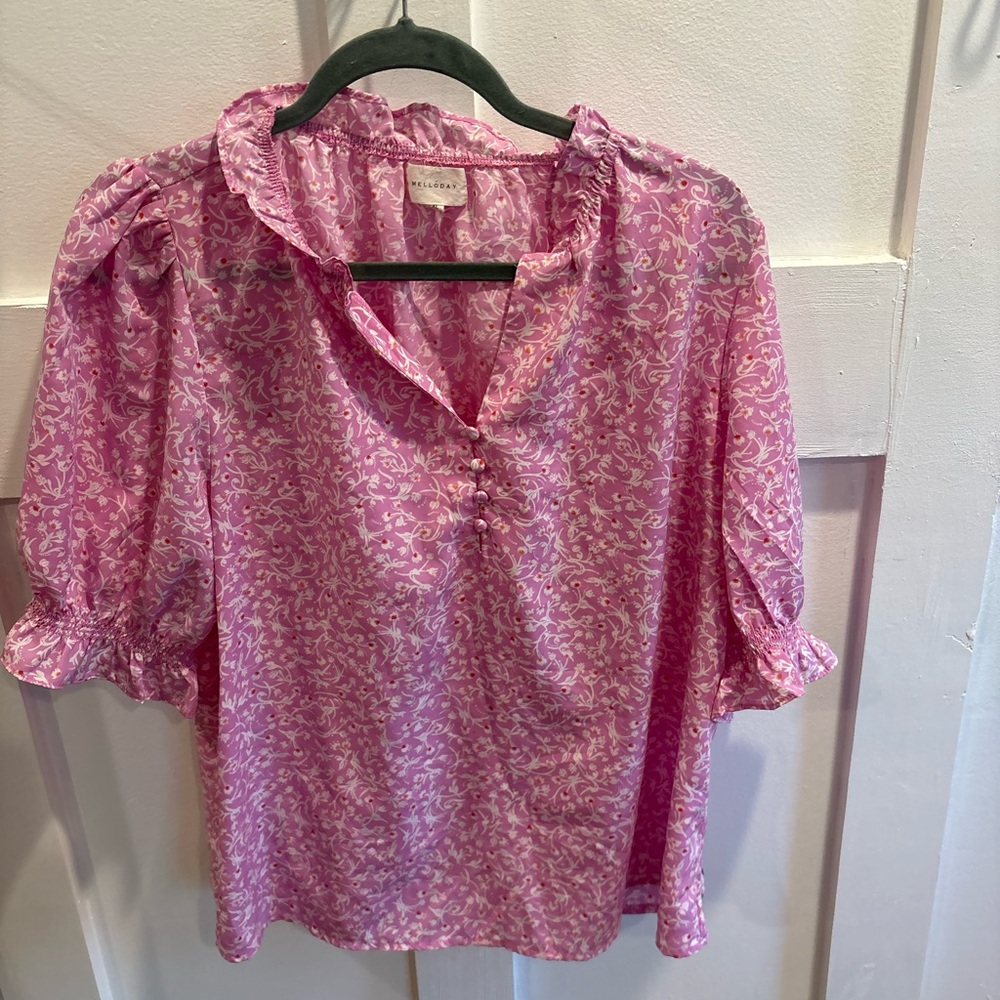 MELLODAY Pink Floral Ruffle Collar Blouse